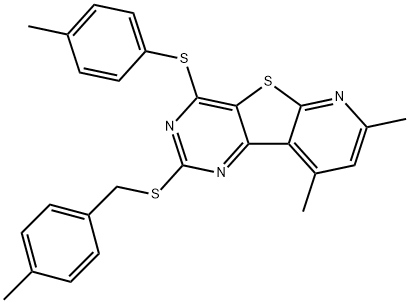 7,9-DIMETHYL-2-[(4-METHYLBENZYL)SULFANYL]-4-[(4-METHYLPHENYL)SULFANYL]PYRIDO[3',2':4,5]THIENO[3,2-D]PYRIMIDINE Struktur