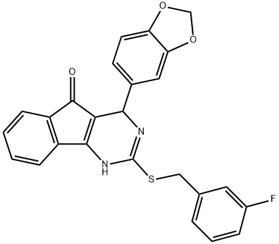 4-(1,3-BENZODIOXOL-5-YL)-2-[(3-FLUOROBENZYL)SULFANYL]-1,4-DIHYDRO-5H-INDENO[1,2-D]PYRIMIDIN-5-ONE Struktur