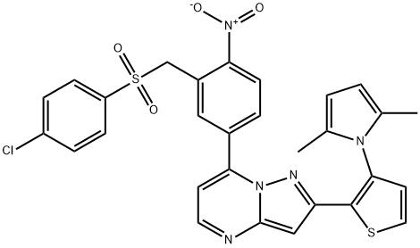 4-CHLOROPHENYL 5-(2-[3-(2,5-DIMETHYL-1H-PYRROL-1-YL)-2-THIENYL]PYRAZOLO[1,5-A]PYRIMIDIN-7-YL)-2-NITROBENZYL SULFONE Struktur