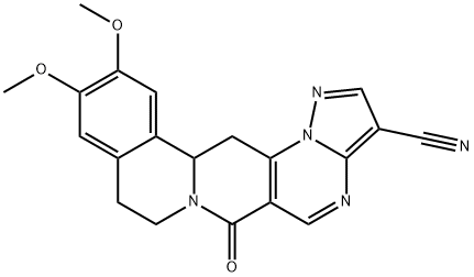 11,12-DIMETHOXY-6-OXO-8,9,13B,14-TETRAHYDRO-6H-PYRAZOLO[5'',1'':2',3']PYRIMIDO[4',5':4,5]PYRIDO[2,1-A]ISOQUINOLINE-3-CARBONITRILE Struktur