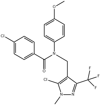 4-CHLORO-N-([5-CHLORO-1-METHYL-3-(TRIFLUOROMETHYL)-1H-PYRAZOL-4-YL]METHYL)-N-(4-METHOXYPHENYL)BENZENECARBOXAMIDE Struktur