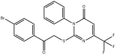 2-([2-(4-BROMOPHENYL)-2-OXOETHYL]SULFANYL)-3-PHENYL-6-(TRIFLUOROMETHYL)-4(3H)-PYRIMIDINONE Struktur