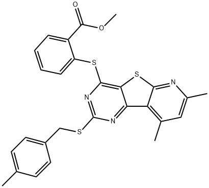 METHYL 2-((7,9-DIMETHYL-2-[(4-METHYLBENZYL)SULFANYL]PYRIDO[3',2':4,5]THIENO[3,2-D]PYRIMIDIN-4-YL)SULFANYL)BENZENECARBOXYLATE Struktur