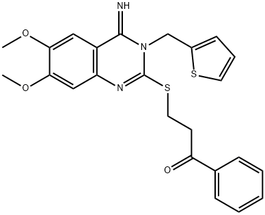 3-([4-IMINO-6,7-DIMETHOXY-3-(2-THIENYLMETHYL)-3,4-DIHYDRO-2-QUINAZOLINYL]SULFANYL)-1-PHENYL-1-PROPANONE Struktur