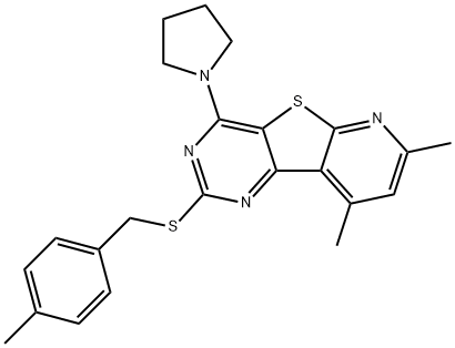 7,9-DIMETHYL-2-[(4-METHYLBENZYL)SULFANYL]-4-(1-PYRROLIDINYL)PYRIDO[3',2':4,5]THIENO[3,2-D]PYRIMIDINE Struktur