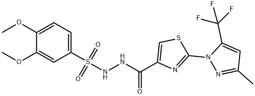 3,4-DIMETHOXY-N'-((2-[3-METHYL-5-(TRIFLUOROMETHYL)-1H-PYRAZOL-1-YL]-1,3-THIAZOL-4-YL)CARBONYL)BENZENESULFONOHYDRAZIDE Struktur