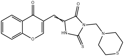 5-[(4-OXO-4H-CHROMEN-3-YL)METHYLENE]-3-(1,4-THIAZINAN-4-YLMETHYL)-2-THIOXOTETRAHYDRO-4H-IMIDAZOL-4-ONE Struktur