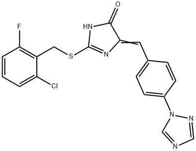 2-[(2-CHLORO-6-FLUOROBENZYL)SULFANYL]-5-((E)-[4-(1H-1,2,4-TRIAZOL-1-YL)PHENYL]METHYLIDENE)-3,5-DIHYDRO-4H-IMIDAZOL-4-ONE Struktur