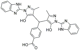 4-(BIS(1-(1H-BENZO[D]IMIDAZOL-2-YL)-5-HYDROXY-3-METHYL-1H-PYRAZOL-4-YL)METHYL)BENZOIC ACID Struktur