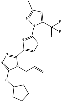 4-ALLYL-3-(CYCLOPENTYLSULFANYL)-5-(2-[3-METHYL-5-(TRIFLUOROMETHYL)-1H-PYRAZOL-1-YL]-1,3-THIAZOL-4-YL)-4H-1,2,4-TRIAZOLE Struktur