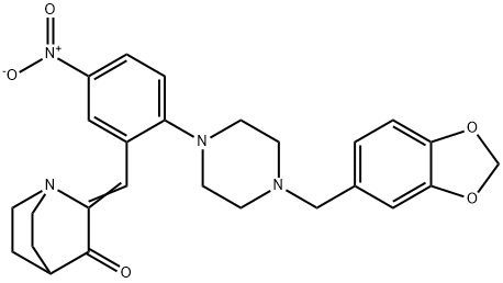 2-((2-[4-(1,3-BENZODIOXOL-5-YLMETHYL)PIPERAZINO]-5-NITROPHENYL)METHYLENE)-3-QUINUCLIDINONE Struktur