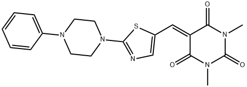 1,3-DIMETHYL-5-([2-(4-PHENYLPIPERAZINO)-1,3-THIAZOL-5-YL]METHYLENE)-2,4,6(1H,3H,5H)-PYRIMIDINETRIONE Struktur