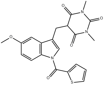 6-HYDROXY-5-([5-METHOXY-1-(2-THIENYLCARBONYL)-1H-INDOL-3-YL]METHYL)-1,3-DIMETHYL-2,4(1H,3H)-PYRIMIDINEDIONE Struktur