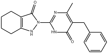 2-(5-BENZYL-4-METHYL-6-OXO-1,6-DIHYDRO-2-PYRIMIDINYL)-1,2,4,5,6,7-HEXAHYDRO-3H-INDAZOL-3-ONE Struktur