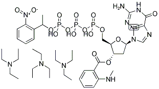 3'-O-(N-METHYL-ANTHRANILOYL)-2'-DEOXY-GUANOSINE-5'-TRIPHOSPHATE, P3-(1-(2-NITROPHENYL)-ETHYL)-ESTER, TRIETHYLAMMONIUM SALT Struktur