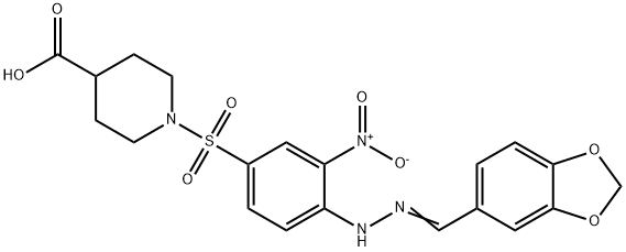 1-[(4-(2-[(E)-1,3-BENZODIOXOL-5-YLMETHYLIDENE]HYDRAZINO)-3-NITROPHENYL)SULFONYL]-4-PIPERIDINECARBOXYLIC ACID Struktur