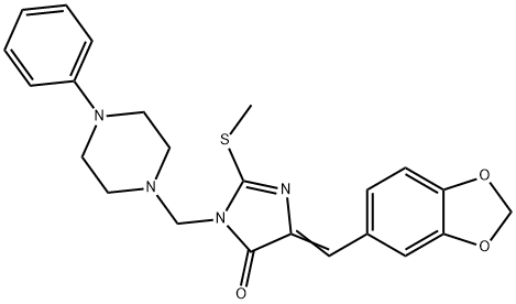 5-(1,3-BENZODIOXOL-5-YLMETHYLENE)-2-(METHYLSULFANYL)-3-[(4-PHENYLPIPERAZINO)METHYL]-3,5-DIHYDRO-4H-IMIDAZOL-4-ONE Struktur