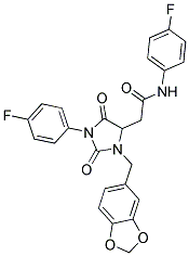 2-[3-(1,3-BENZODIOXOL-5-YLMETHYL)-1-(4-FLUOROPHENYL)-2,5-DIOXO-4-IMIDAZOLIDINYL]-N-(4-FLUOROPHENYL)ACETAMIDE Struktur