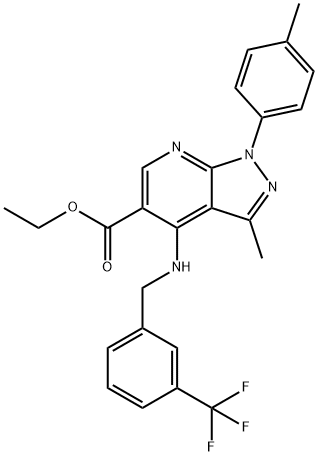 ETHYL 3-METHYL-1-(4-METHYLPHENYL)-4-([3-(TRIFLUOROMETHYL)BENZYL]AMINO)-1H-PYRAZOLO[3,4-B]PYRIDINE-5-CARBOXYLATE Struktur