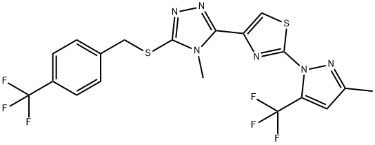 4-METHYL-3-(2-[3-METHYL-5-(TRIFLUOROMETHYL)-1H-PYRAZOL-1-YL]-1,3-THIAZOL-4-YL)-5-([4-(TRIFLUOROMETHYL)BENZYL]SULFANYL)-4H-1,2,4-TRIAZOLE Struktur