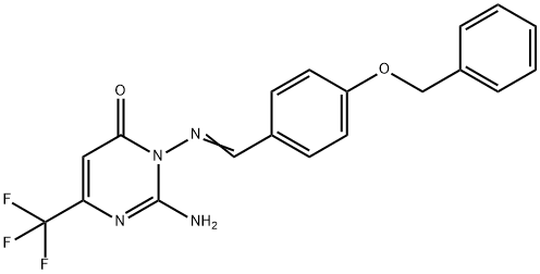 2-AMINO-3-(((E)-[4-(BENZYLOXY)PHENYL]METHYLIDENE)AMINO)-6-(TRIFLUOROMETHYL)-4(3H)-PYRIMIDINONE Struktur