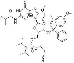 (N2-ISOBUTYRYL)-5'-O-[(N,N-DIISOPROPYLAMINO)-(2-CYANOETHOXY)PHOSPHINYL]-3'-O-(4,4'-DIMETHOXYTRITYL)-2'-DEOXYGUANOSINE Struktur