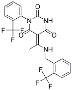 (5E)-5-(1-{[2-(TRIFLUOROMETHYL)BENZYL]AMINO}ETHYLIDENE)-1-[2-(TRIFLUOROMETHYL)PHENYL]PYRIMIDINE-2,4,6(1H,3H,5H)-TRIONE Struktur