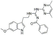 (E)-N-((4,6-DIMETHYLPYRIMIDIN-2-YLAMINO)(2-(6-METHOXY-1H-INDOL-3-YL)ETHYLAMINO)METHYLENE)BENZAMIDE Struktur