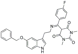 (E)-5-((2-(5-(BENZYLOXY)-1H-INDOL-3-YL)ETHYLIMINO)(4-FLUOROPHENYL)METHYL)-1,3-DIMETHYLPYRIMIDINE-2,4,6(1H,3H,5H)-TRIONE Struktur