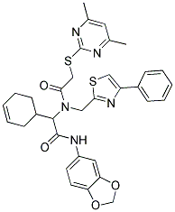 N-(BENZO[D][1,3]DIOXOL-5-YL)-2-(CYCLOHEX-3-ENYL)-2-(2-(4,6-DIMETHYLPYRIMIDIN-2-YLTHIO)-N-((4-PHENYLTHIAZOL-2-YL)METHYL)ACETAMIDO)ACETAMIDE Struktur