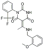 (5E)-5-{1-[(2-METHOXYBENZYL)AMINO]ETHYLIDENE}-1-[2-(TRIFLUOROMETHYL)PHENYL]PYRIMIDINE-2,4,6(1H,3H,5H)-TRIONE Struktur