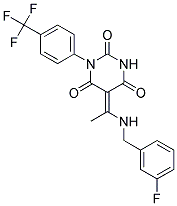 (5E)-5-{1-[(3-FLUOROBENZYL)AMINO]ETHYLIDENE}-1-[4-(TRIFLUOROMETHYL)PHENYL]PYRIMIDINE-2,4,6(1H,3H,5H)-TRIONE Struktur