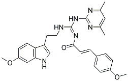 (2E,NE)-N-((4,6-DIMETHYLPYRIMIDIN-2-YLAMINO)(2-(6-METHOXY-1H-INDOL-3-YL)ETHYLAMINO)METHYLENE)-3-(4-METHOXYPHENYL)ACRYLAMIDE Struktur