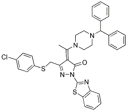 (Z)-4-(1-(4-BENZHYDRYLPIPERAZIN-1-YL)ETHYLIDENE)-1-(BENZO[D]THIAZOL-2-YL)-3-((4-CHLOROPHENYLTHIO)METHYL)-1H-PYRAZOL-5(4H)-ONE Struktur