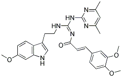 (2E,NE)-3-(3,4-DIMETHOXYPHENYL)-N-((4,6-DIMETHYLPYRIMIDIN-2-YLAMINO)(2-(6-METHOXY-1H-INDOL-3-YL)ETHYLAMINO)METHYLENE)ACRYLAMIDE Struktur