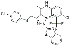 (Z)-1-(BENZO[D]THIAZOL-2-YL)-4-(1-(4-CHLORO-3-(TRIFLUOROMETHYL)PHENYLAMINO)ETHYLIDENE)-3-((4-CHLOROPHENYLTHIO)METHYL)-1H-PYRAZOL-5(4H)-ONE Struktur