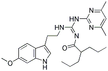 (E)-N-((4,6-DIMETHYLPYRIMIDIN-2-YLAMINO)(2-(6-METHOXY-1H-INDOL-3-YL)ETHYLAMINO)METHYLENE)-2-PROPYLPENTANAMIDE Struktur