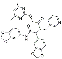 N,2-DI(BENZO[D][1,3]DIOXOL-5-YL)-2-(2-(4,6-DIMETHYLPYRIMIDIN-2-YLTHIO)-N-(PYRIDIN-3-YLMETHYL)ACETAMIDO)ACETAMIDE Struktur