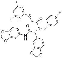 N,2-DI(BENZO[D][1,3]DIOXOL-5-YL)-2-(2-(4,6-DIMETHYLPYRIMIDIN-2-YLTHIO)-N-(4-FLUOROBENZYL)ACETAMIDO)ACETAMIDE Struktur