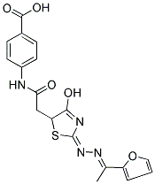 4-{[((2E)-2-{(2E)-[1-(2-FURYL)ETHYLIDENE]HYDRAZONO}-4-HYDROXY-2,5-DIHYDRO-1,3-THIAZOL-5-YL)ACETYL]AMINO}BENZOIC ACID Struktur