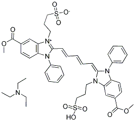 N,N-DIETHYL-1-ETHANAMINIUM 3-(6-(METHOXYCARBONYL)-2-((E,2E,4E)-5-[6-(METHOXYCARBONYL)-3-PHENYL-1-(3-SULFONATOPROPYL)-3H-BENZIMIDAZOL-1-IUM-2-YL]-2,4-PENTADIENYLIDENE)-3-PHENYL-2,3-DIHYDRO-1H-BENZIMIDAZOL-1-YL)-1-PROPANESULFONATE Struktur