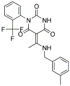 (5E)-5-{1-[(3-METHYLBENZYL)AMINO]ETHYLIDENE}-1-[2-(TRIFLUOROMETHYL)PHENYL]PYRIMIDINE-2,4,6(1H,3H,5H)-TRIONE Struktur