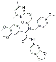 N-(BENZO[D][1,3]DIOXOL-5-YL)-2-(3,4-DIMETHOXYPHENYL)-2-(2-(4,6-DIMETHYLPYRIMIDIN-2-YLTHIO)-N-(4-METHOXYBENZYL)ACETAMIDO)ACETAMIDE Struktur