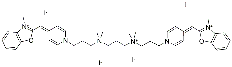 2-([1-(3-[[3-(DIMETHYL(3-[4-[(3-METHYL-1,3-BENZOXAZOL-3-IUM-2-YL)METHYLENE]-1(4H)-PYRIDINYL]PROPYL)AMMONIO)PROPYL](DIMETHYL)AMMONIO]PROPYL)-4(1H)-PYRIDINYLIDENE]METHYL)-3-METHYL-1,3-BENZOXAZOL-3-IUM TETRAIODIDE Struktur