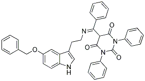 (E)-5-((2-(5-(BENZYLOXY)-1H-INDOL-3-YL)ETHYLIMINO)(PHENYL)METHYL)-1,3-DIPHENYLPYRIMIDINE-2,4,6(1H,3H,5H)-TRIONE Struktur