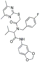 N-(BENZO[D][1,3]DIOXOL-5-YL)-2-(2-(4,6-DIMETHYLPYRIMIDIN-2-YLTHIO)-N-(4-FLUOROBENZYL)ACETAMIDO)-3-METHYLBUTANAMIDE Struktur