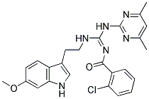 (E)-2-CHLORO-N-((4,6-DIMETHYLPYRIMIDIN-2-YLAMINO)(2-(6-METHOXY-1H-INDOL-3-YL)ETHYLAMINO)METHYLENE)BENZAMIDE Struktur