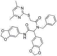 N,2-DI(BENZO[D][1,3]DIOXOL-5-YL)-2-(N-BENZYL-2-(4,6-DIMETHYLPYRIMIDIN-2-YLTHIO)ACETAMIDO)ACETAMIDE Struktur