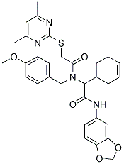 N-(BENZO[D][1,3]DIOXOL-5-YL)-2-(CYCLOHEX-3-ENYL)-2-(2-(4,6-DIMETHYLPYRIMIDIN-2-YLTHIO)-N-(4-METHOXYBENZYL)ACETAMIDO)ACETAMIDE Struktur