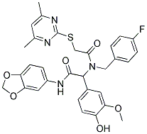 N-(BENZO[D][1,3]DIOXOL-5-YL)-2-(2-(4,6-DIMETHYLPYRIMIDIN-2-YLTHIO)-N-(4-FLUOROBENZYL)ACETAMIDO)-2-(4-HYDROXY-3-METHOXYPHENYL)ACETAMIDE Struktur